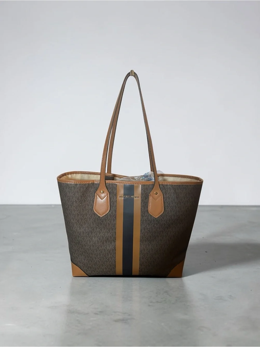 Michael Kors Eva Large Signature Logo Stripe Tote Bag Brown Acorn Travel Carryal - Picture 2 of 8